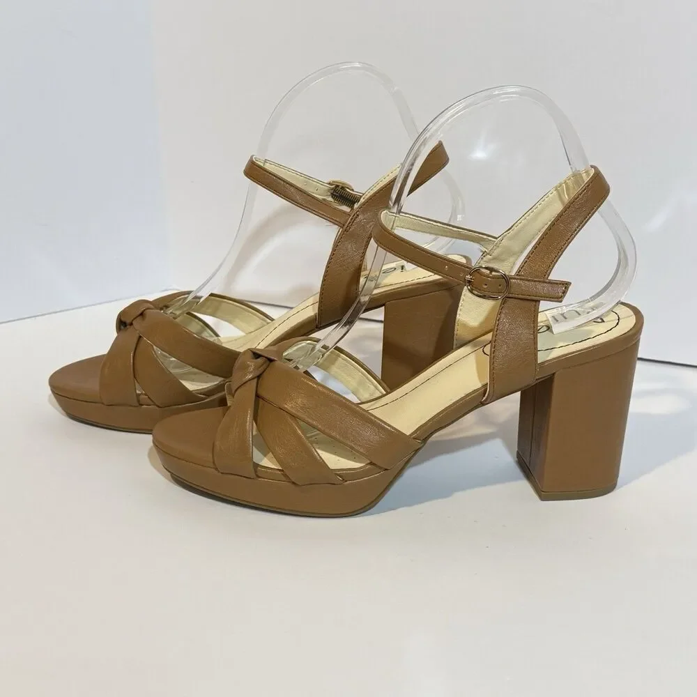 Ruiee Women's Platform Heels Chunky Sandals Ankle Strappy Brown Size 9.5 New
